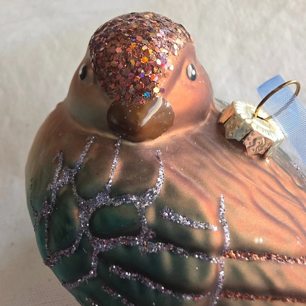 Hanging Blown Glass Bird Ornament Glitter Accents Copper Teal Blue 4.5 Inch